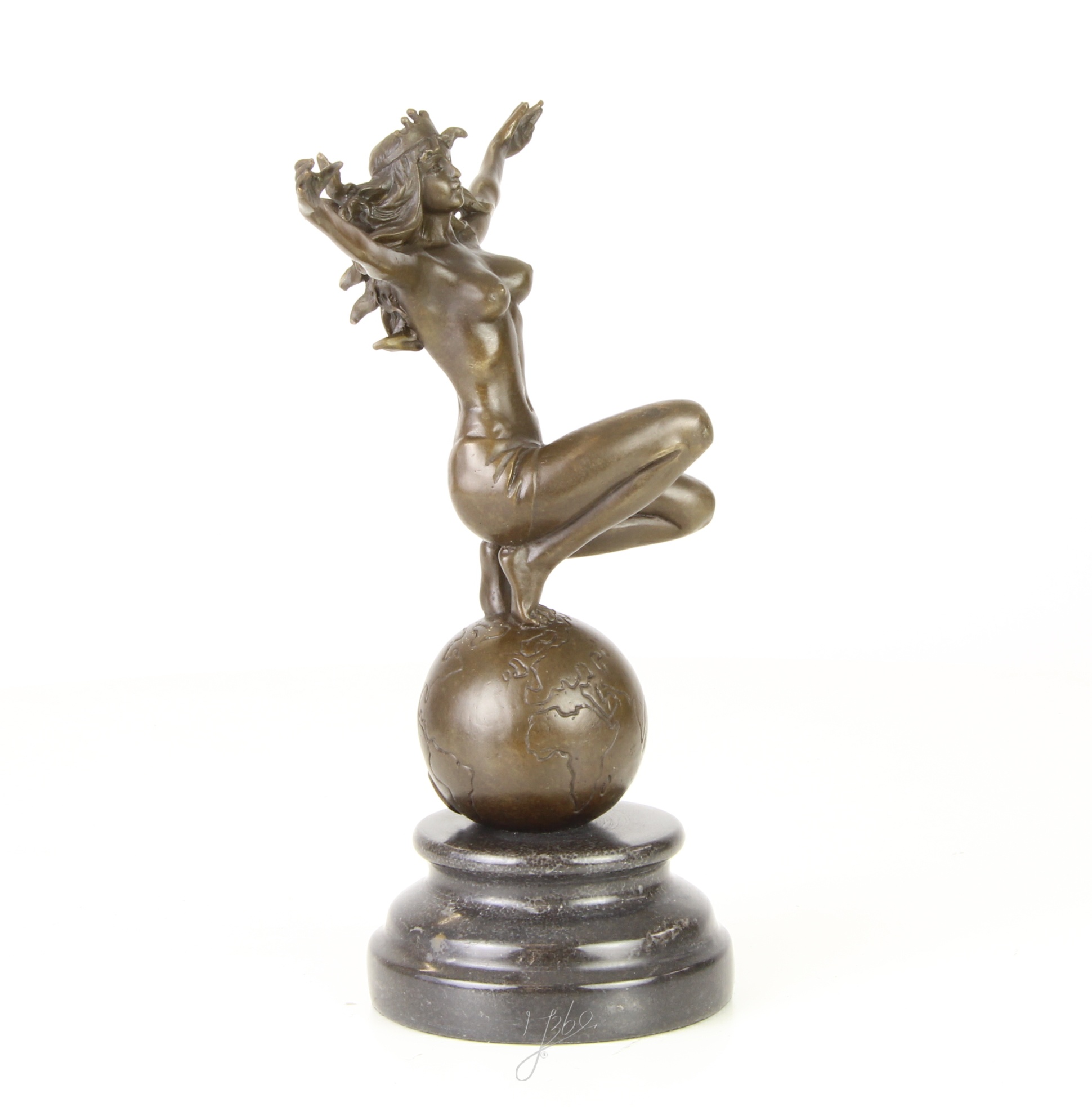 Elegante Bronze Frauenskulptur mit Krone auf Weltkugel entdecken 17
