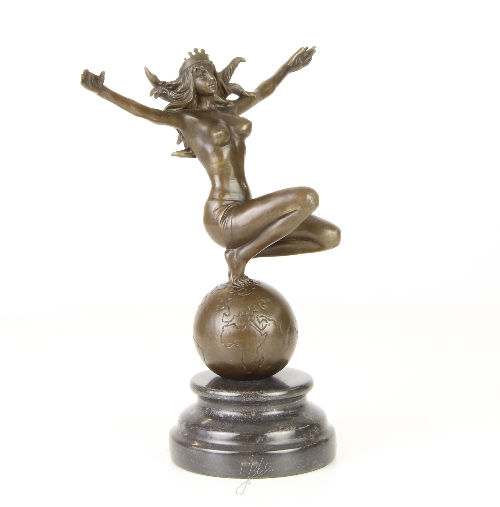 Elegante Bronze Frauenskulptur mit Krone auf Weltkugel entdecken 15