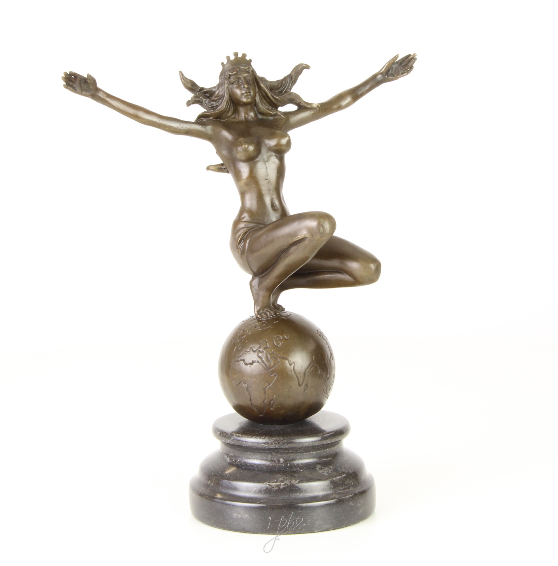 Elegante Bronze Frauenskulptur mit Krone auf Weltkugel entdecken 16