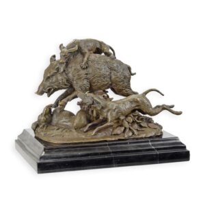 Exquisite Bronzeskulptur Jagdszene mit Hundefiguren auf Wildschweinjagd