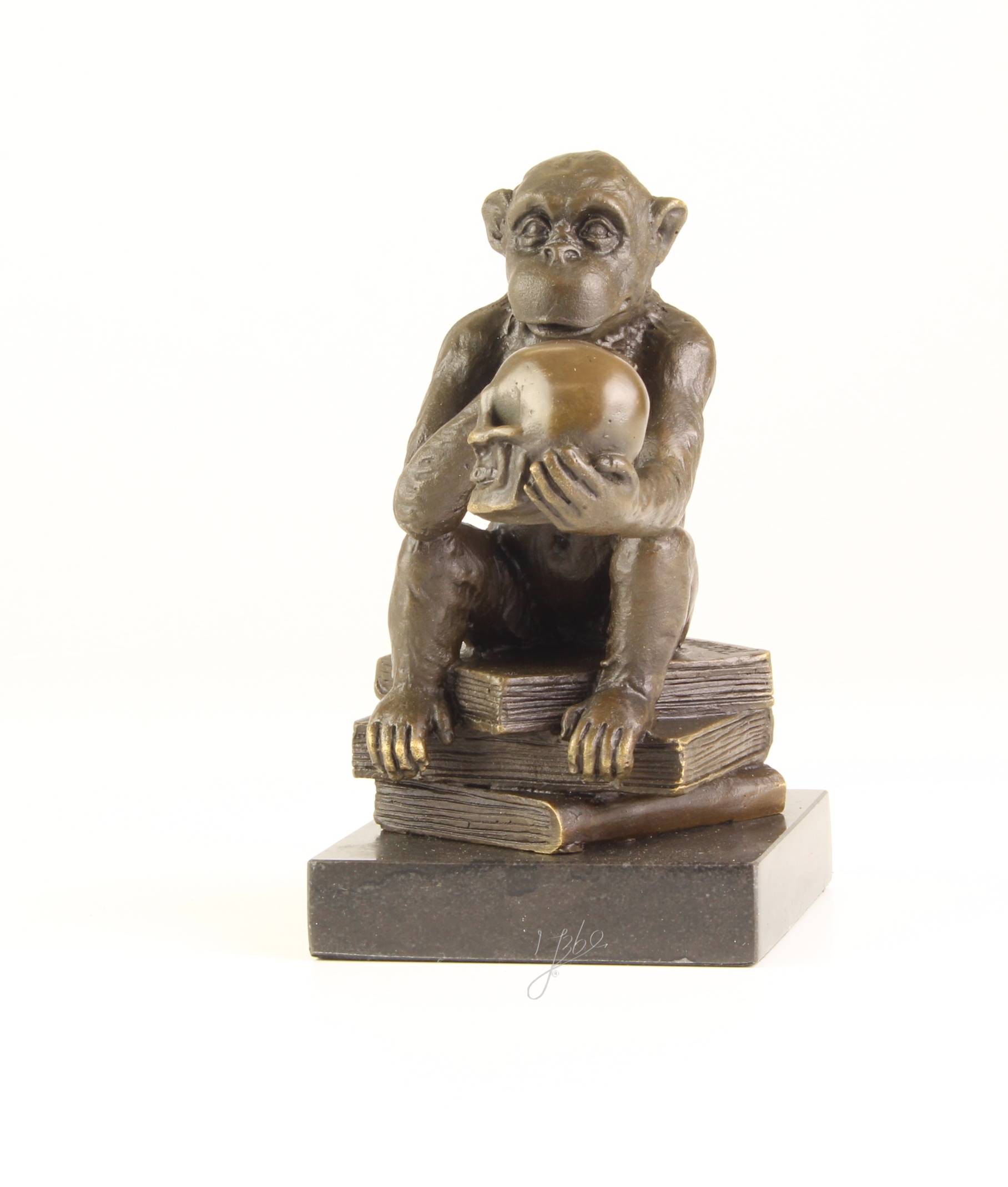 Nachdenkliche Affenbronze Skulptur mit Totenkopf Philosophie pur 5