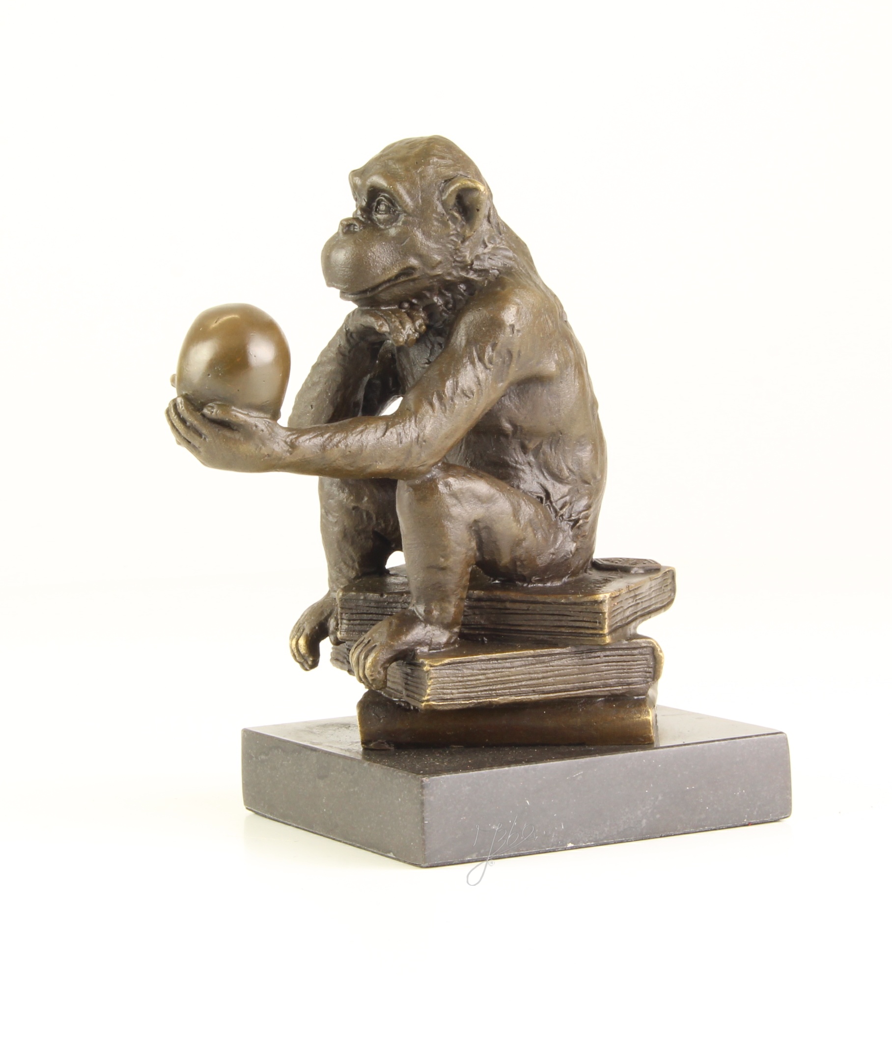 Nachdenkliche Affenbronze Skulptur mit Totenkopf Philosophie pur 8