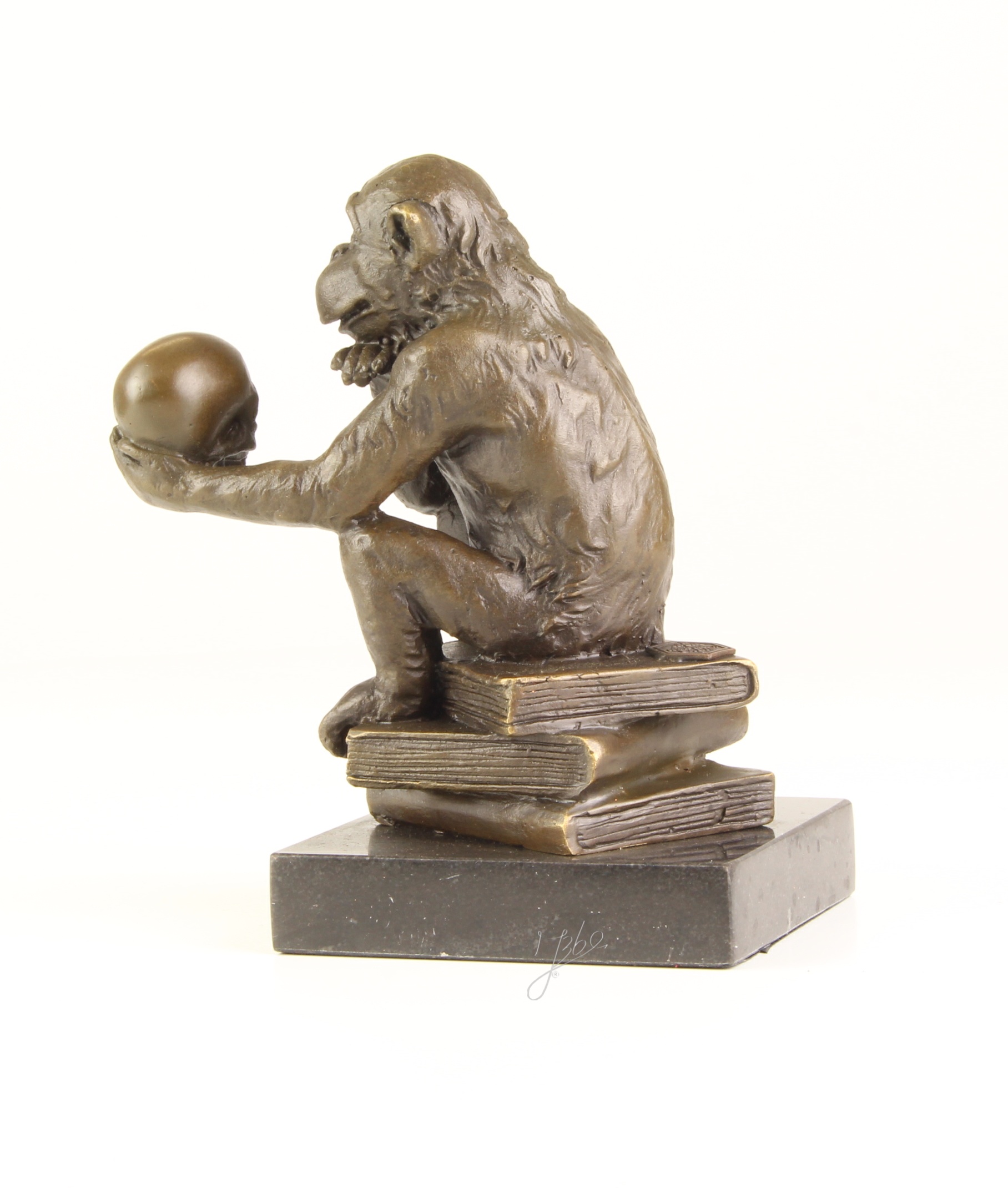 Nachdenkliche Affenbronze Skulptur mit Totenkopf Philosophie pur 11