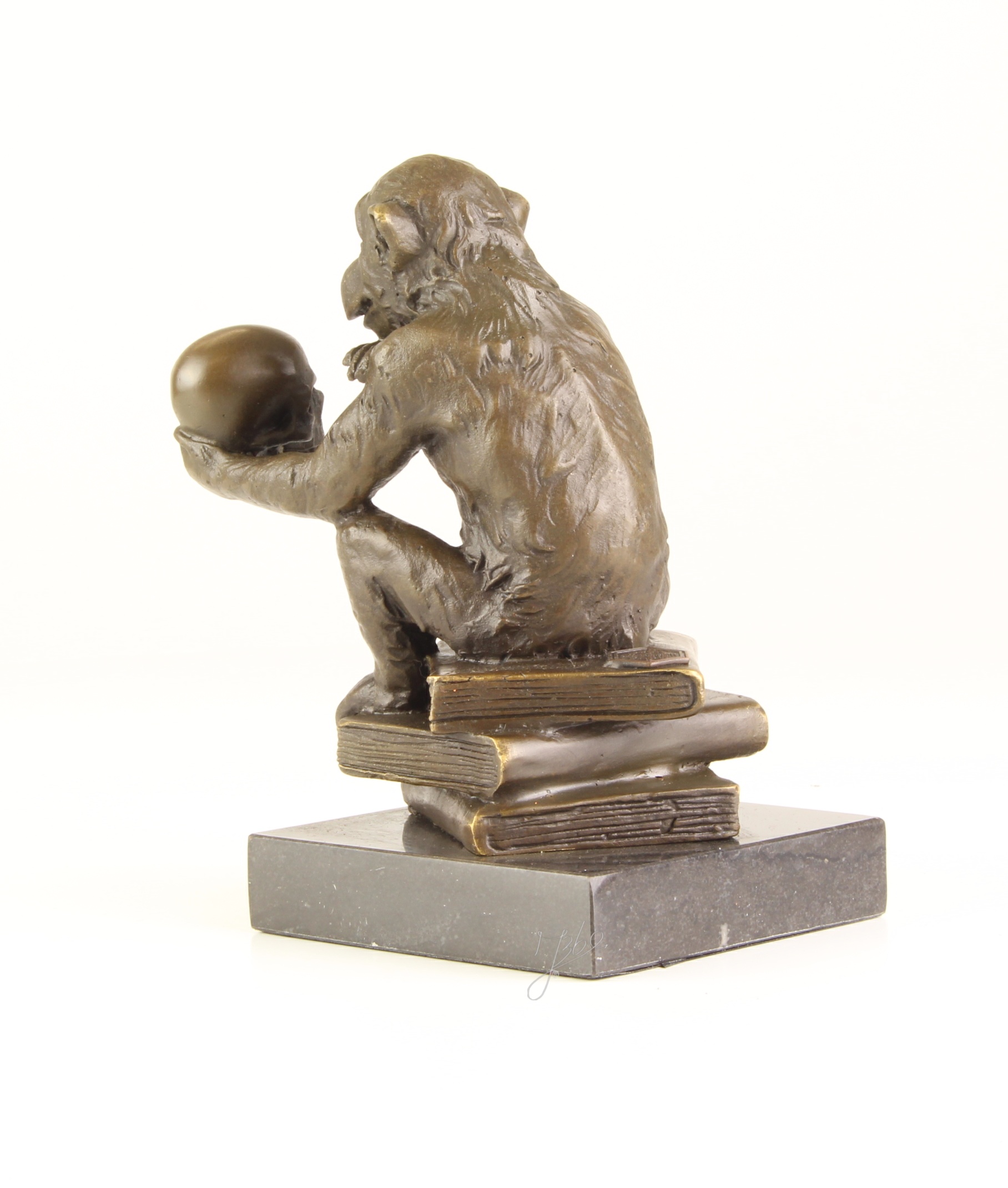 Nachdenkliche Affenbronze Skulptur mit Totenkopf Philosophie pur 12