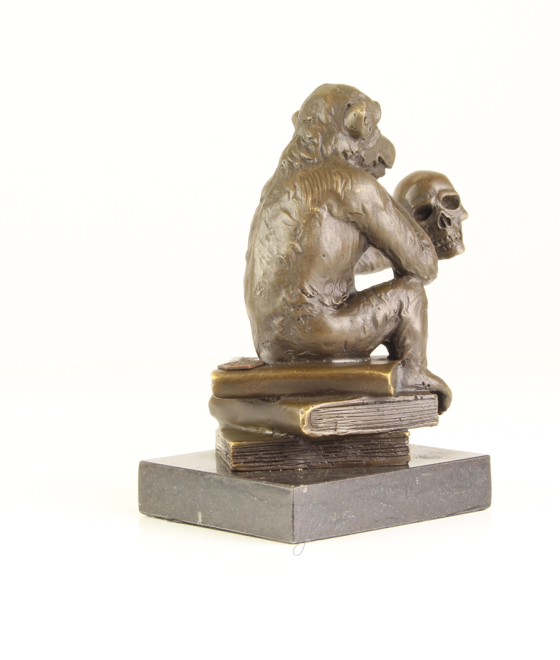 Nachdenkliche Affenbronze Skulptur mit Totenkopf Philosophie pur 15