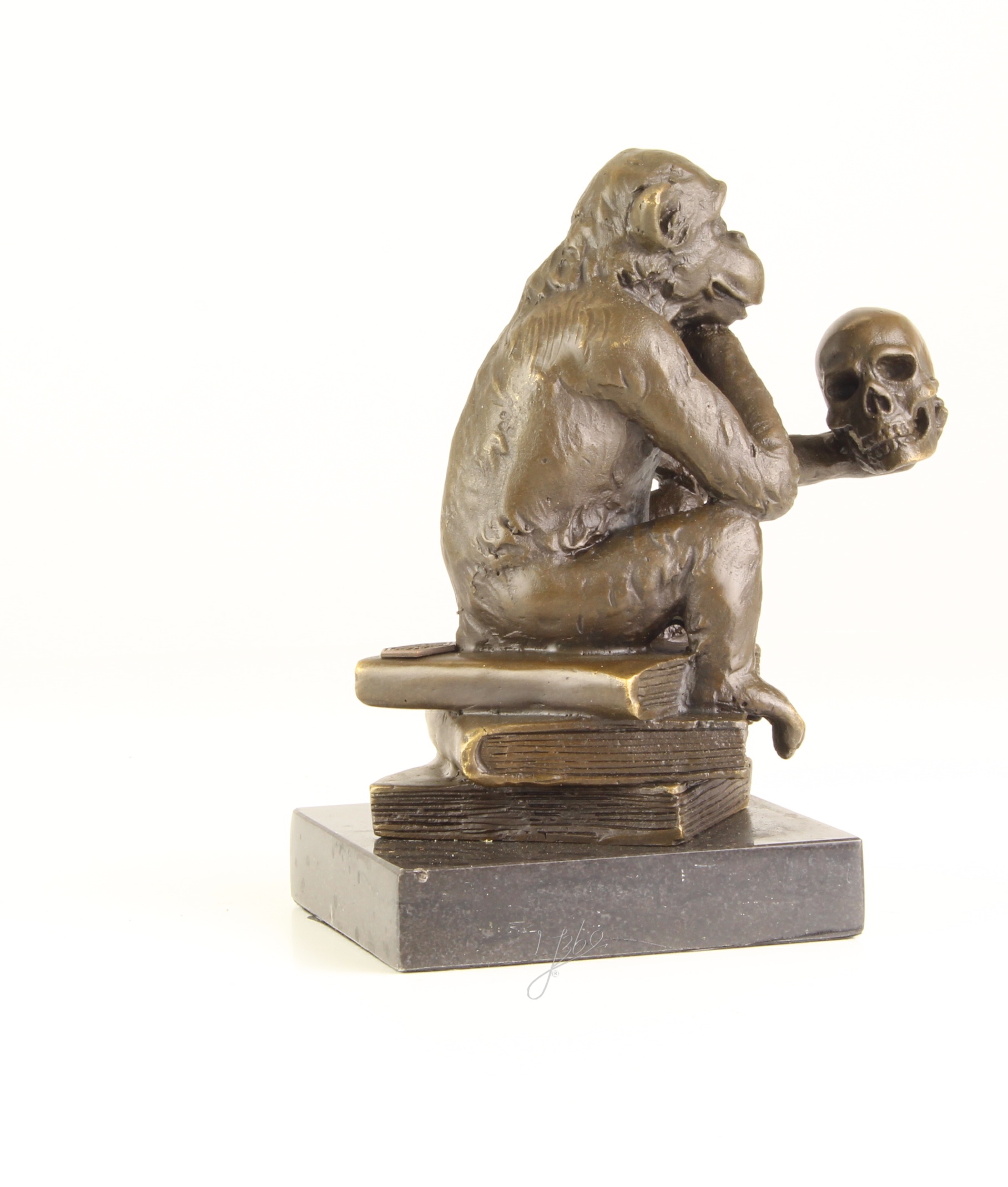 Nachdenkliche Affenbronze Skulptur mit Totenkopf Philosophie pur 14