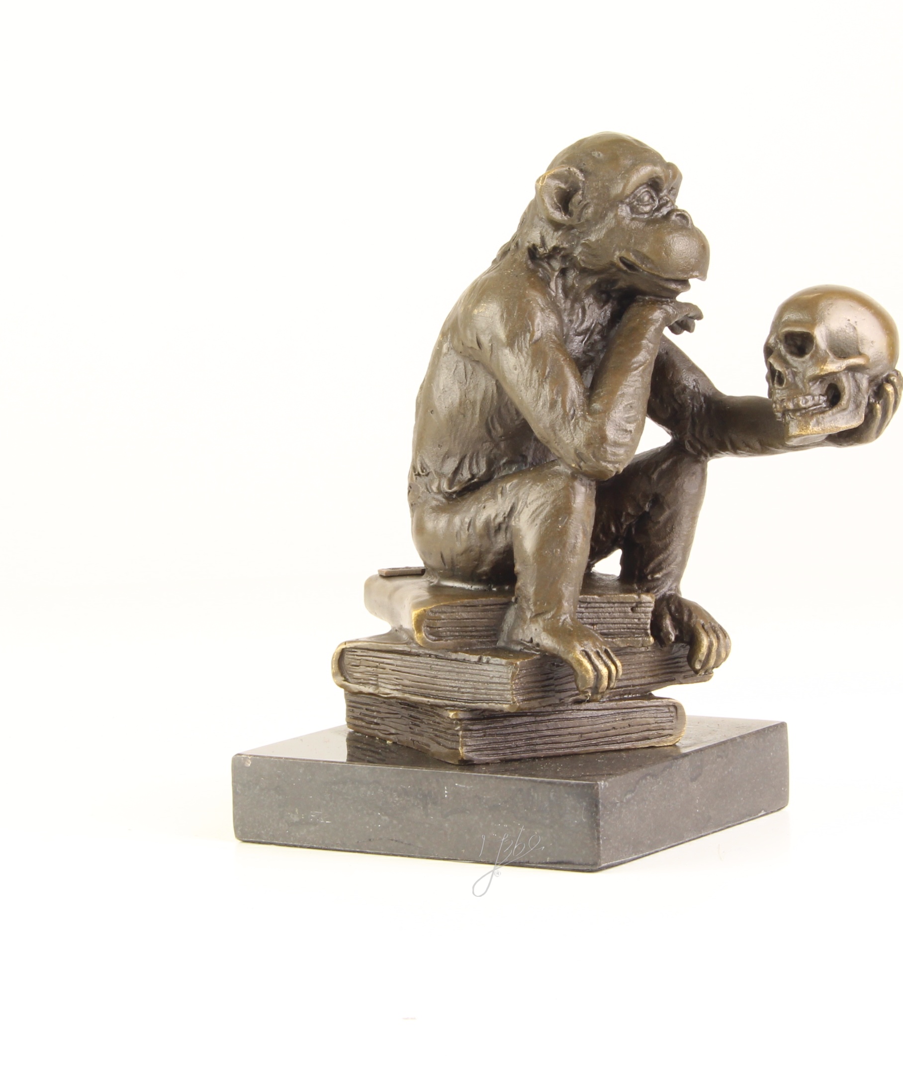 Nachdenkliche Affenbronze Skulptur mit Totenkopf Philosophie pur 17