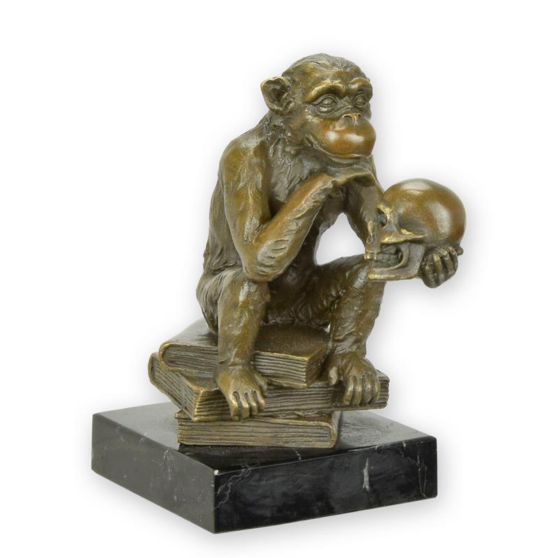 Nachdenkliche Affenbronze Skulptur mit Totenkopf Philosophie pur 2