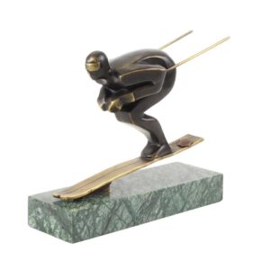 Einzigartige Bronze Skulptur Skifahrer auf grünem Marmorsockel