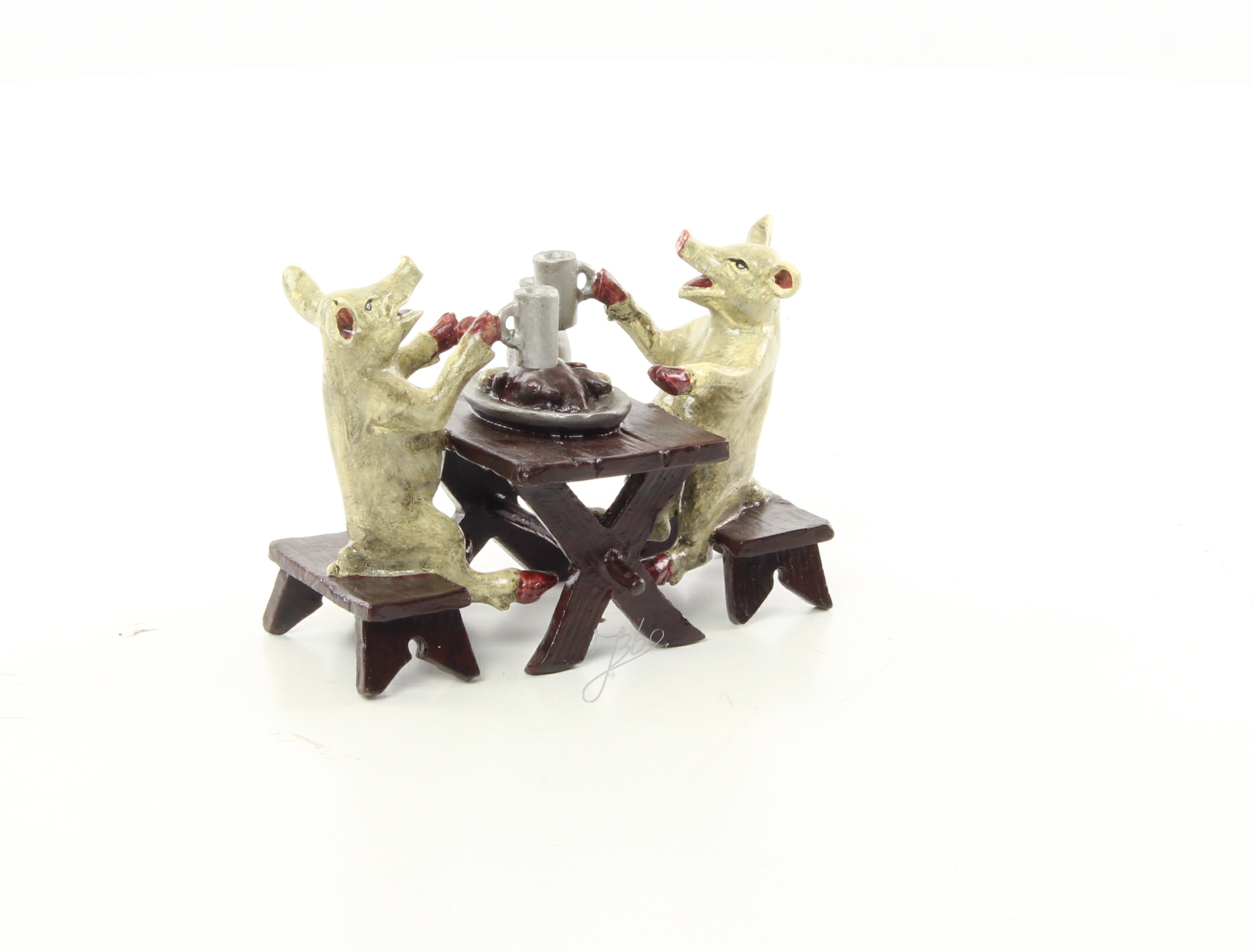 Humorvolle Bronzeskulptur Mäuse beim Abendessen mit Krügen 10