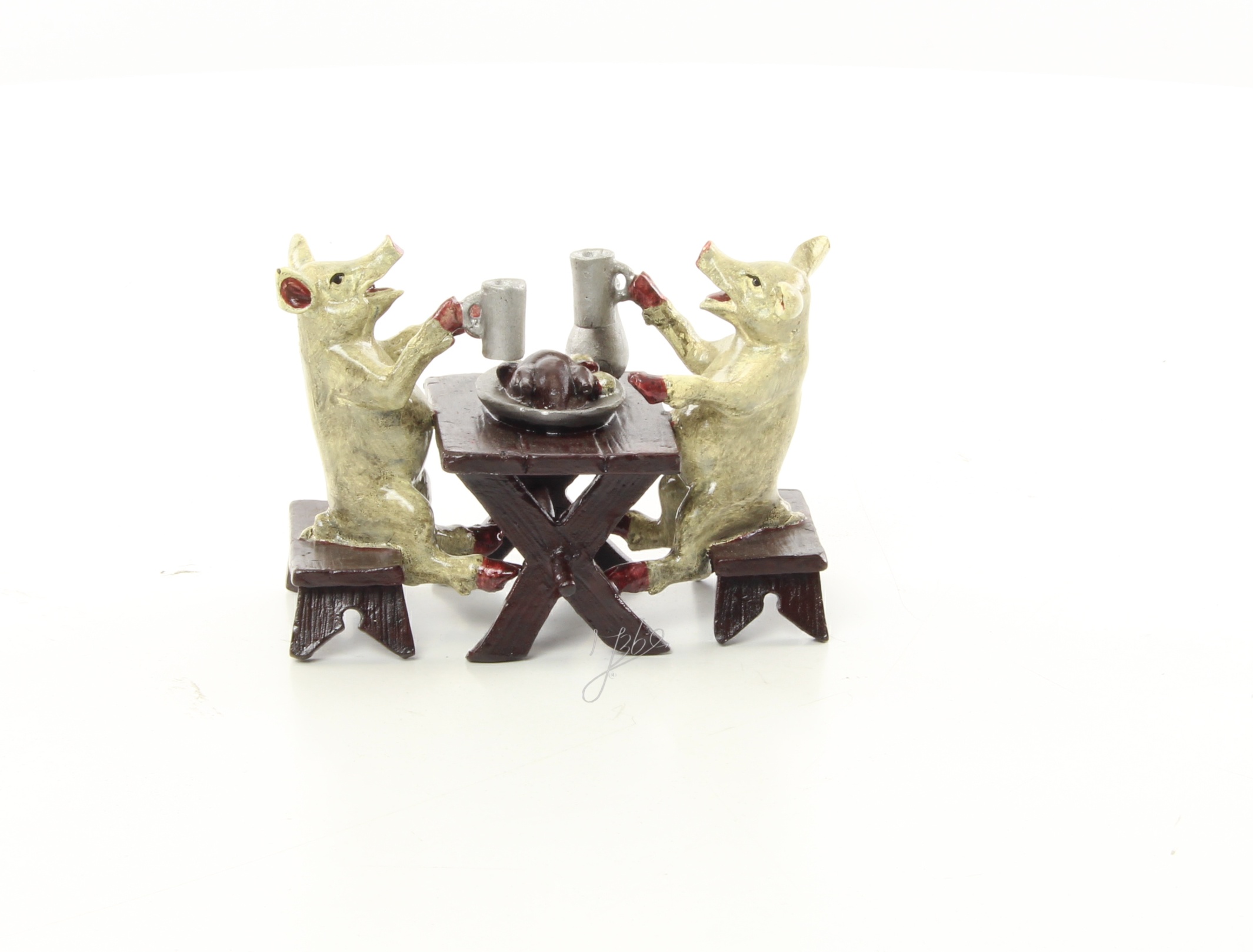 Humorvolle Bronzeskulptur Mäuse beim Abendessen mit Krügen 11