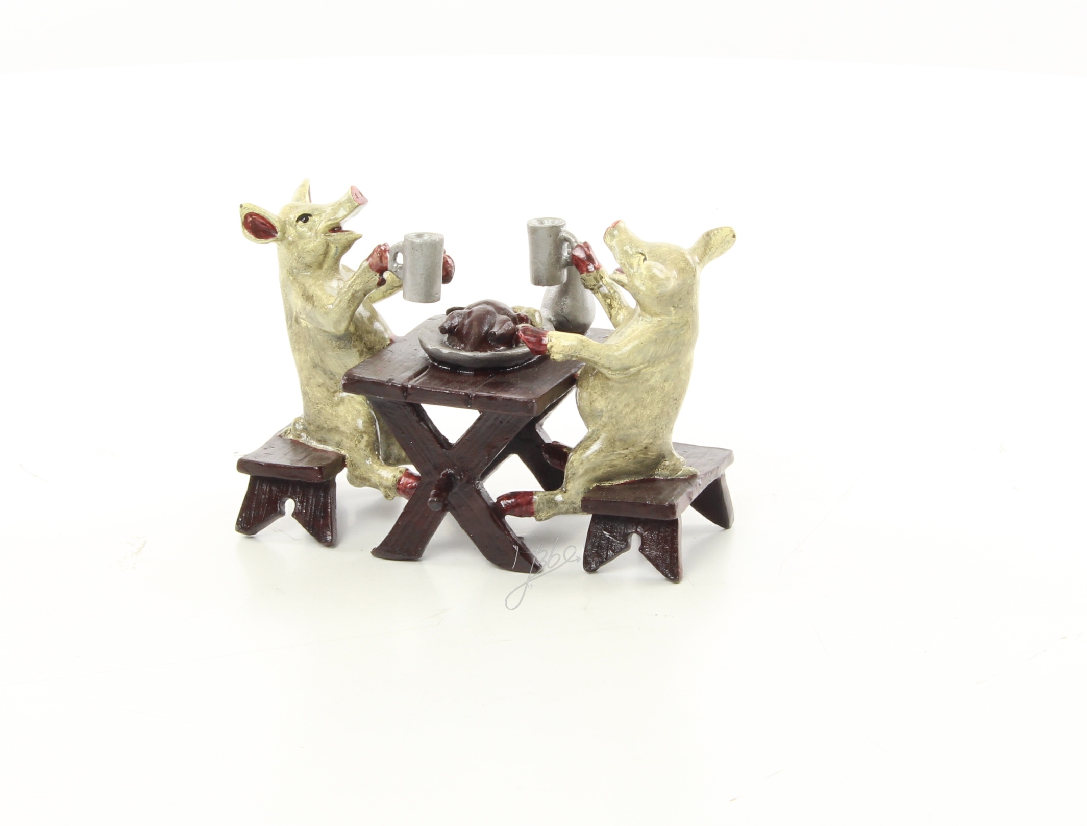 Humorvolle Bronzeskulptur Mäuse beim Abendessen mit Krügen 4
