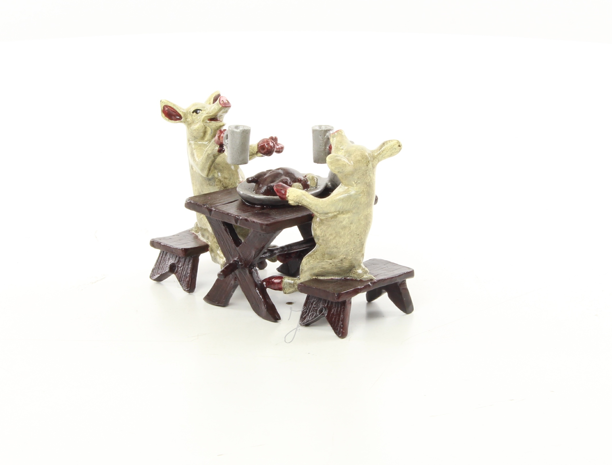 Humorvolle Bronzeskulptur Mäuse beim Abendessen mit Krügen 6