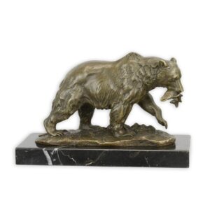 Handgefertigte Bronze Bärenskulptur Grizzlybär mit Fisch Statue