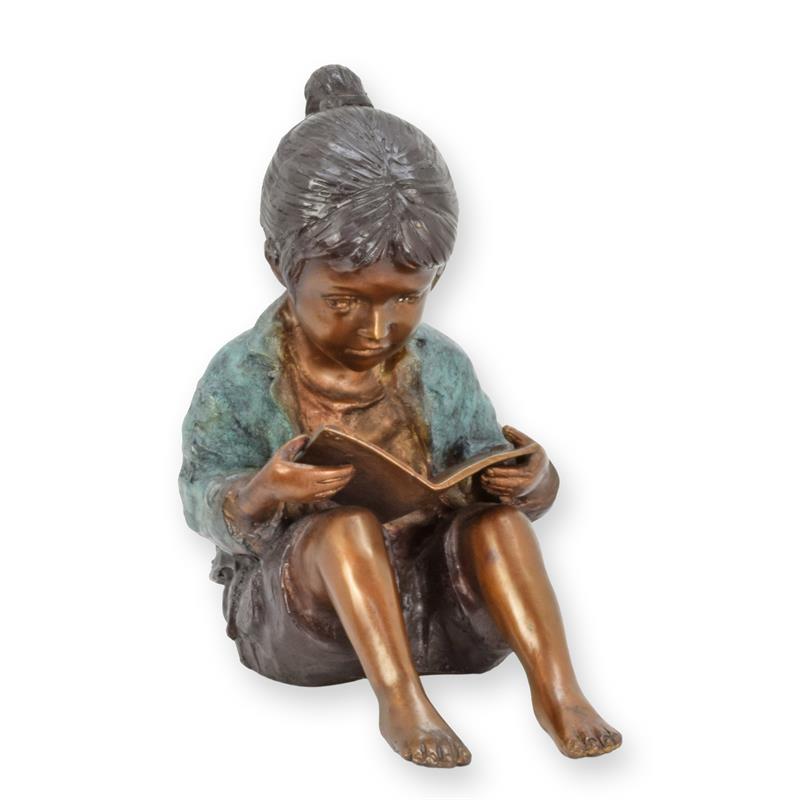 Einzigartige Bronze Kinderfigur Mädchen beim Lesen Skulptur 2