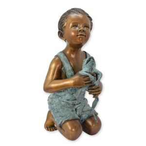 Exquisite Bronzeskulptur Kniender Junge mit Frosch Brunnenfigur