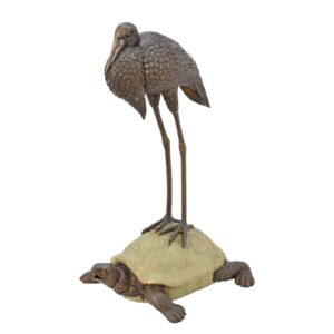 Elegante Bronze Vogelskulptur Reiher auf Schildkröte Gartenbrunnen
