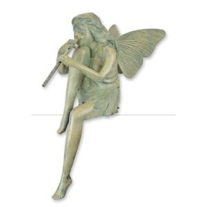Charmante Bronze Elfenfigur Skulptur einer sitzenden Fee mit Flöte