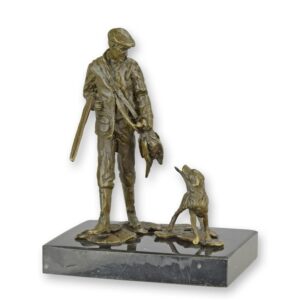 Exquisite Bronzejägerfigur Bronzeskulptur Jäger mit Hund und Vogel