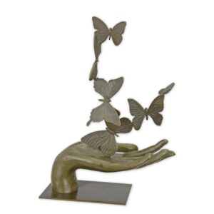 Einzigartige Bronze-Handskulptur Metallische Kunst mit Schmetterlingen
