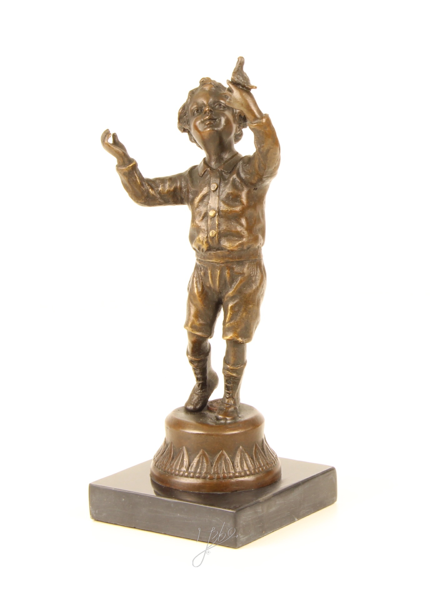 Handgefertigte Bronzejunge mit Taube Skulptur Elegante Kunst 5