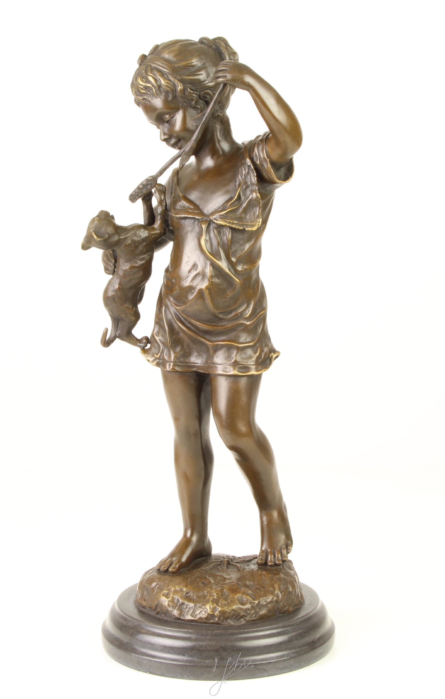 Einzigartige Bronze Kinderskulptur Mädchen mit Kaninchen auf Sockel 5