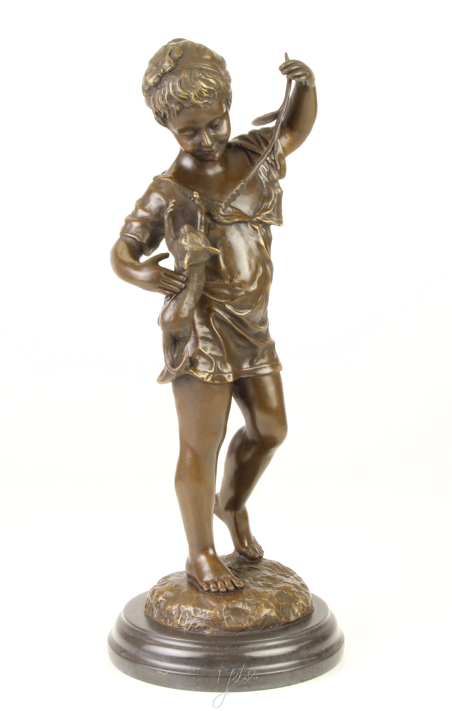 Einzigartige Bronze Kinderskulptur Mädchen mit Kaninchen auf Sockel 14