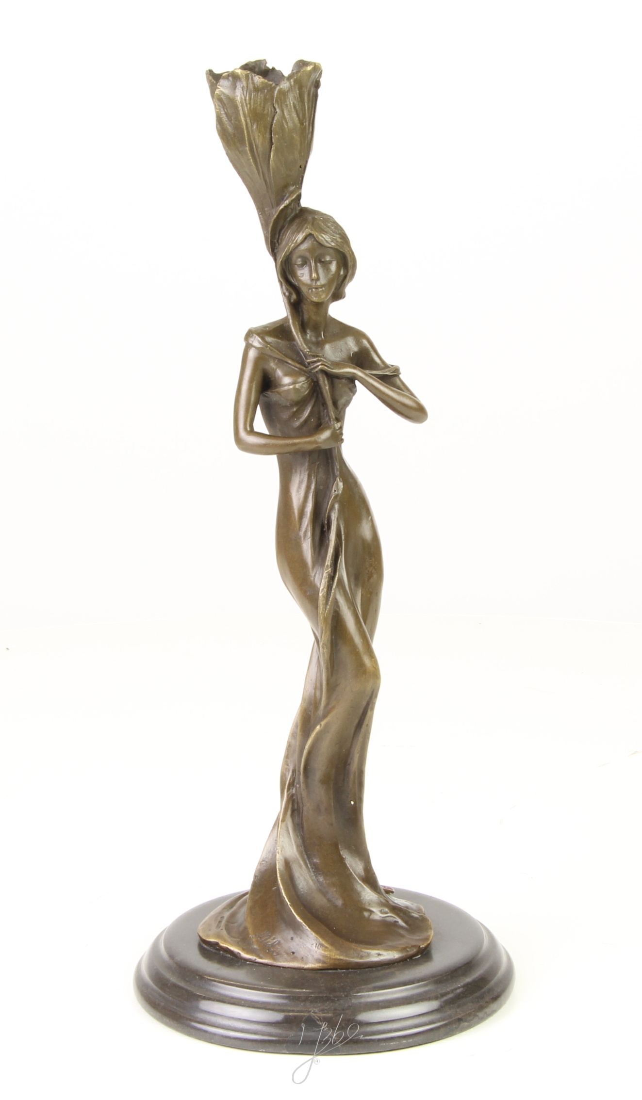 Art Nouveau Bronze Kerzenhalter mit dekorativer Frauenfigur aus Metall 3