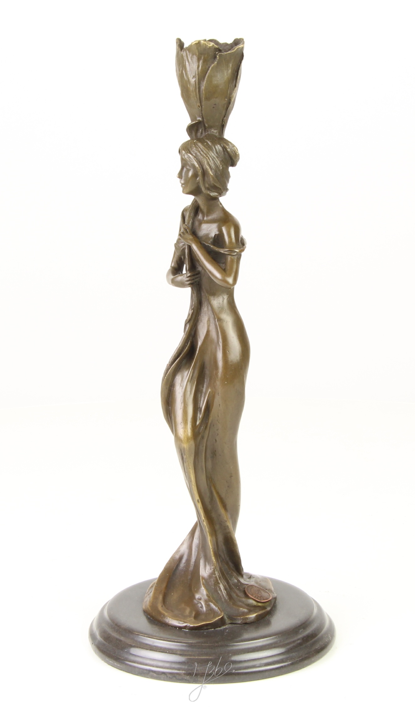 Art Nouveau Bronze Kerzenhalter mit dekorativer Frauenfigur aus Metall 12