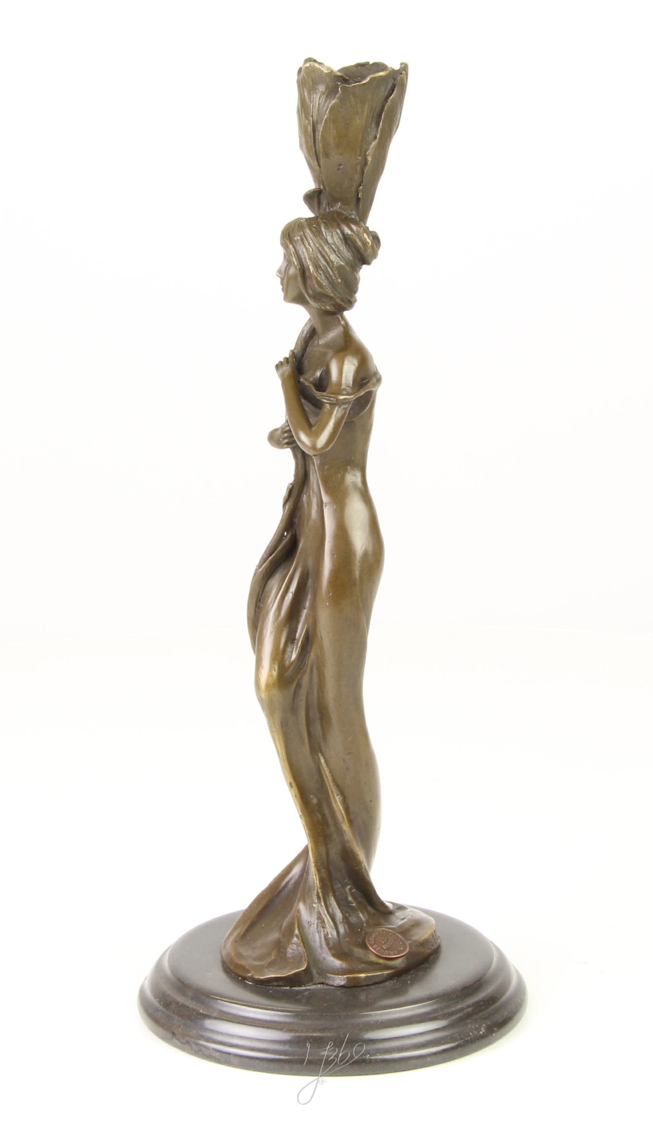 Art Nouveau Bronze Kerzenhalter mit dekorativer Frauenfigur aus Metall 10