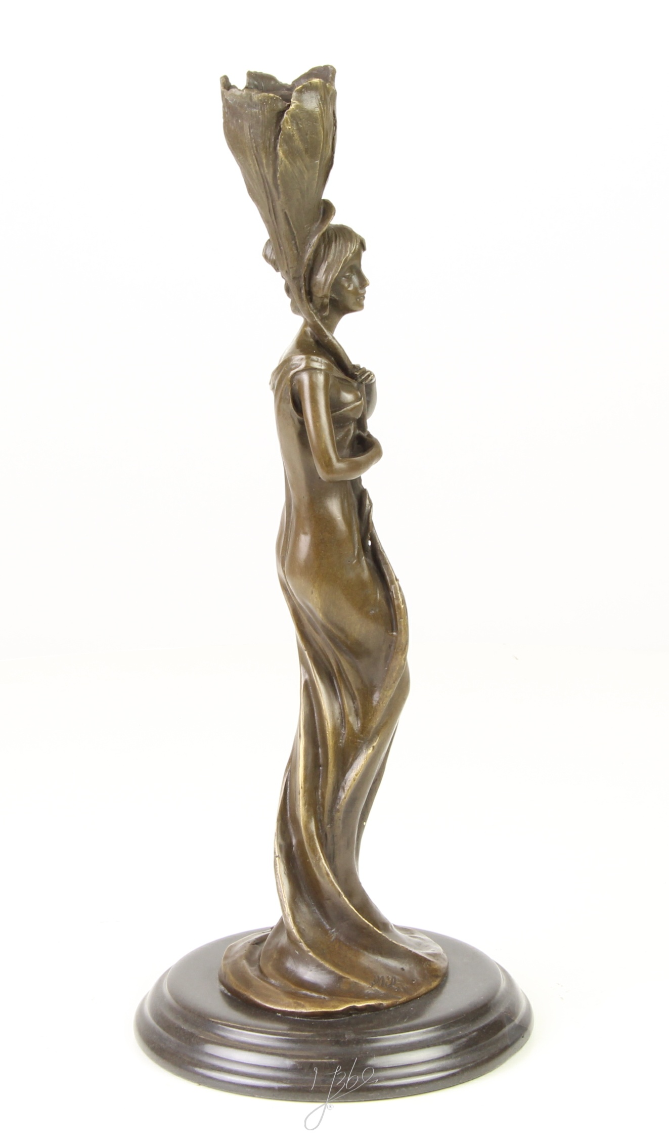 Art Nouveau Bronze Kerzenhalter mit dekorativer Frauenfigur aus Metall 14