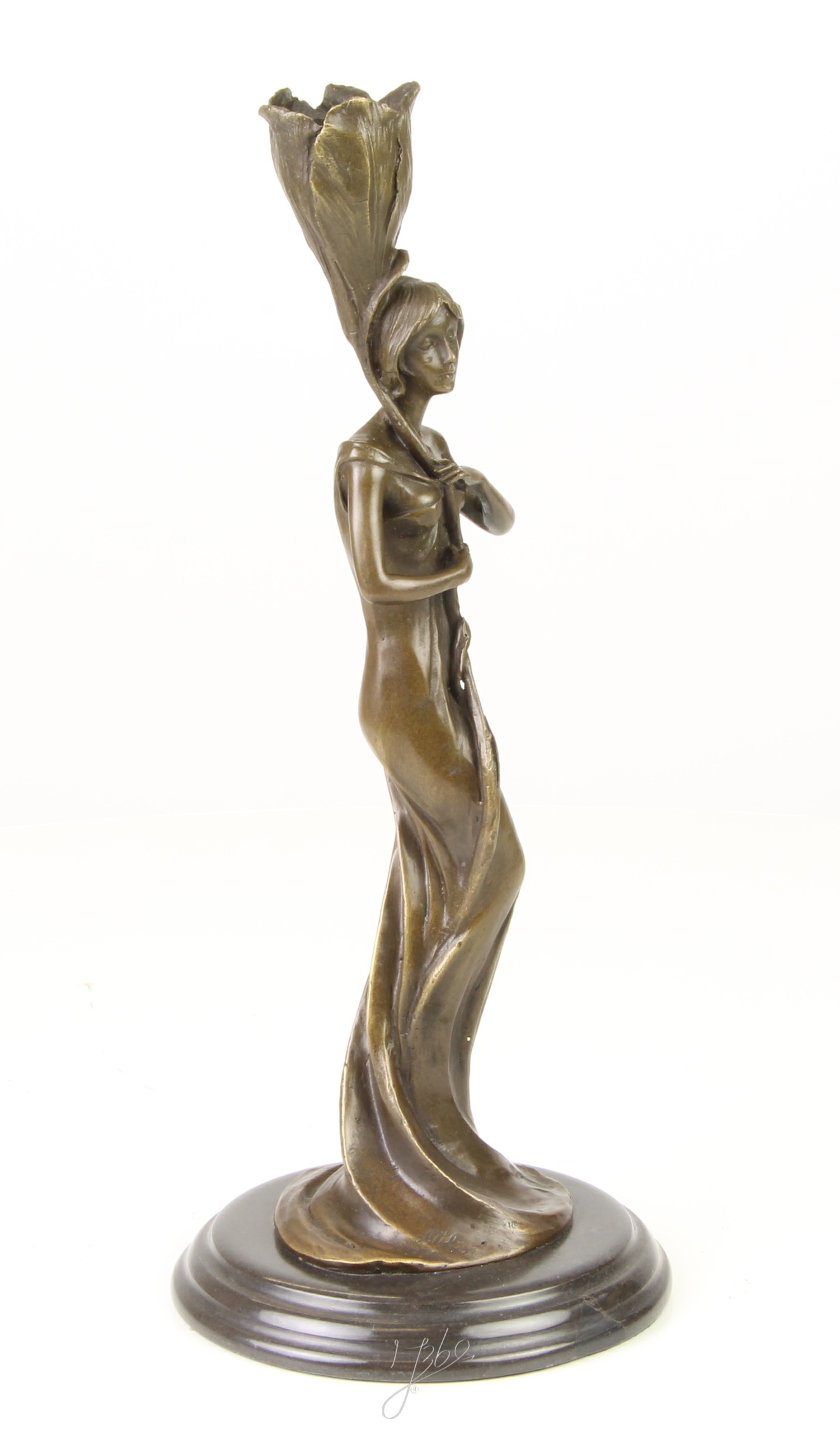 Art Nouveau Bronze Kerzenhalter mit dekorativer Frauenfigur aus Metall 16