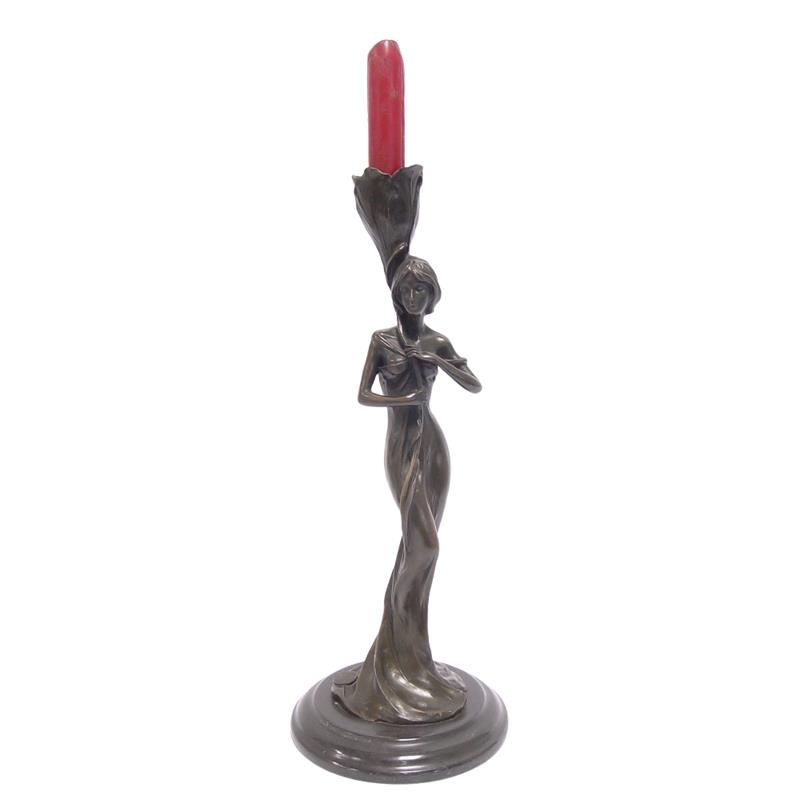 Art Nouveau Bronze Kerzenhalter mit dekorativer Frauenfigur aus Metall 2