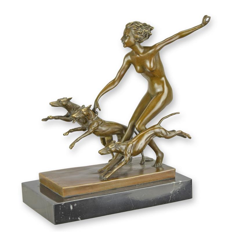 Dynamische Bronzeskulptur Frühlingsfreude mit Hundemotiv 2