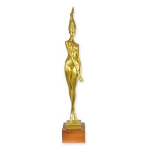 Goldene moderne Bronze-Skulptur auf Holzsockel.