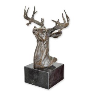 Elegante Bronze Hirschkopf Skulptur mit Geweih auf Sockel