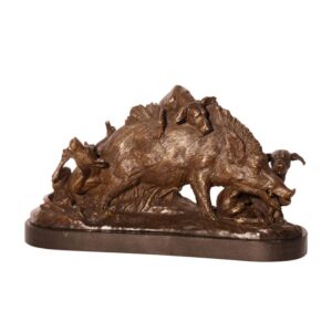 Hochwertige Bronze Tierskulptur Hunde und Wildschwein im Detail